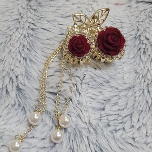 Women's Gold Butterfly Rose Drop Earrings - Red Rose Pearl Dangles
